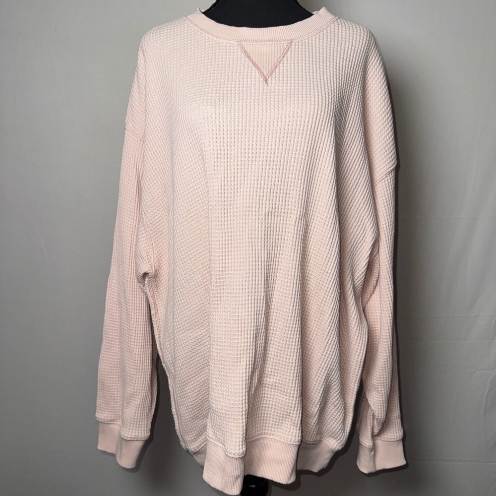 Aerie Women XL Pink Waffle Knit Oversized Sweatshirt Thermal Pullover Crewneck